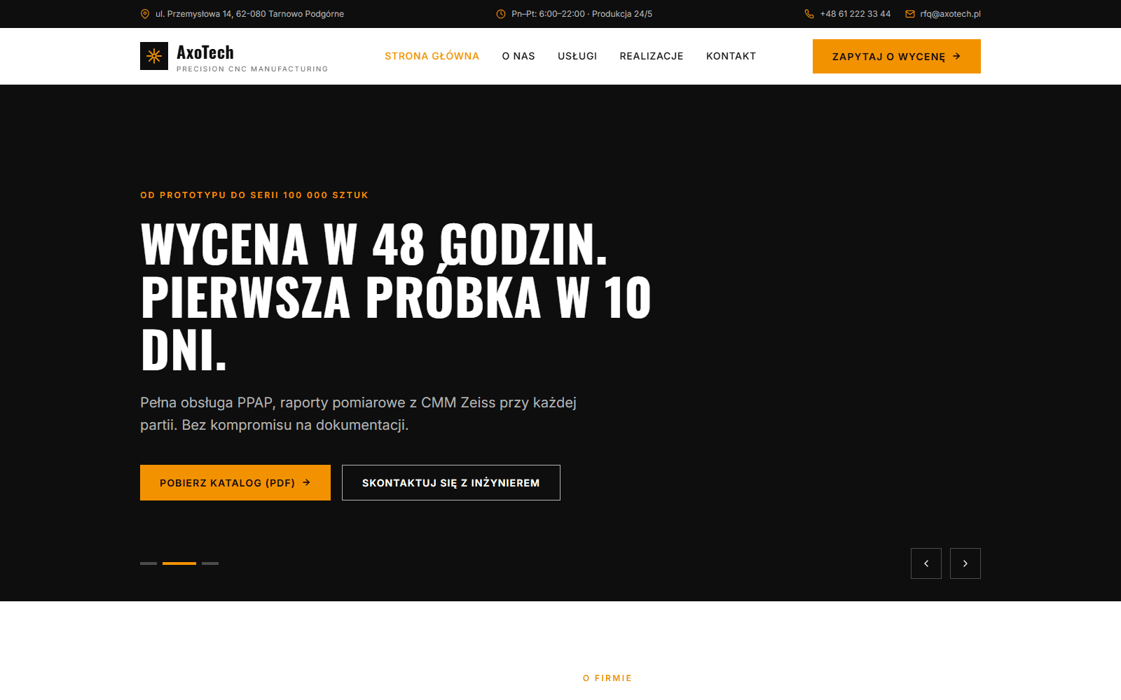 Strona AxoTech Precision — sekcja hero z parkiem maszyn CNC